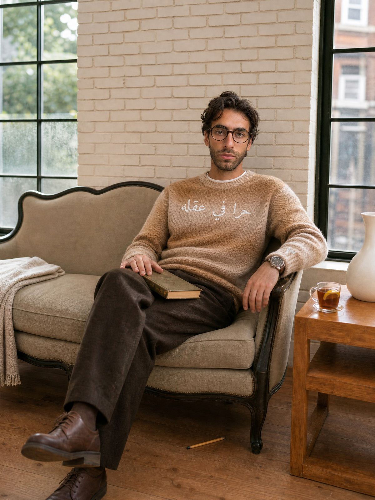 Ahmad im SYRVAIN «حرا» Strickpullover Khaki im Studio, Vorderseite